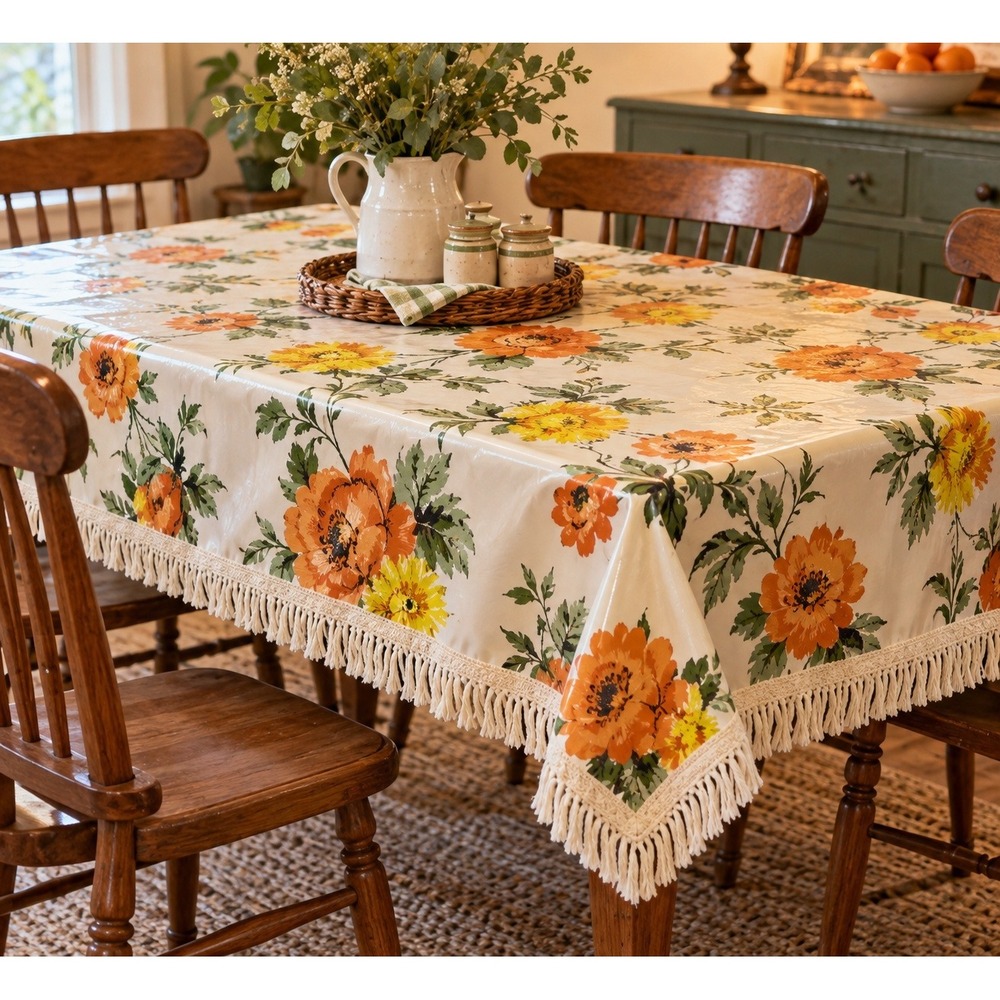 Vintage 70s Floral Vinyl Tablecloth 45x77 Orange Yellow Flower Fringe Trim Retro